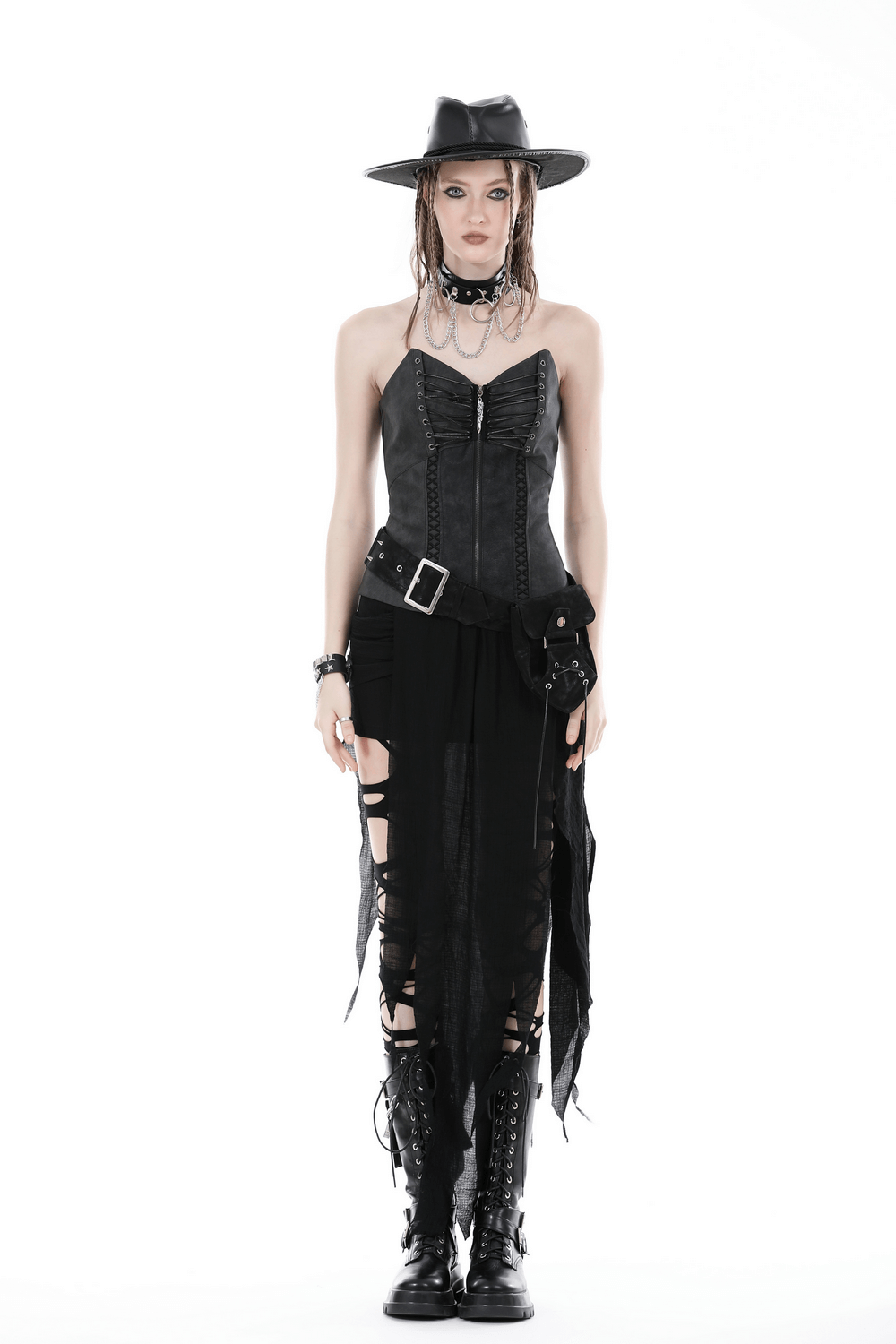 Edgy woman in black corset and punk accessories showcasing a post-apocalyptic faux leather pocket belt.