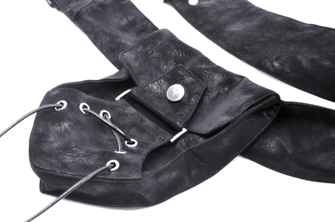 Post-apocalyptic faux leather pocket belt for women featuring lace-up closure and adjustable fit.