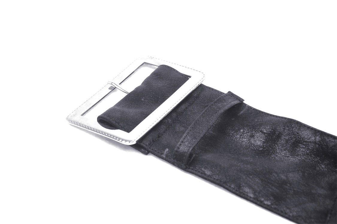Black faux leather pocket belt with silver buckle, perfect for a punk rock style outfit.