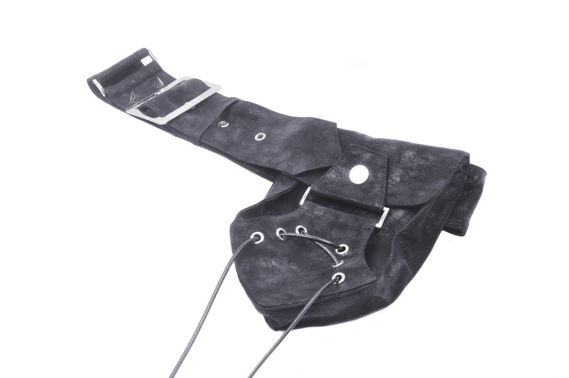 Post-apocalyptic faux leather pocket belt for women, adjustable punk rock style, lace-up closure, gothic flair.