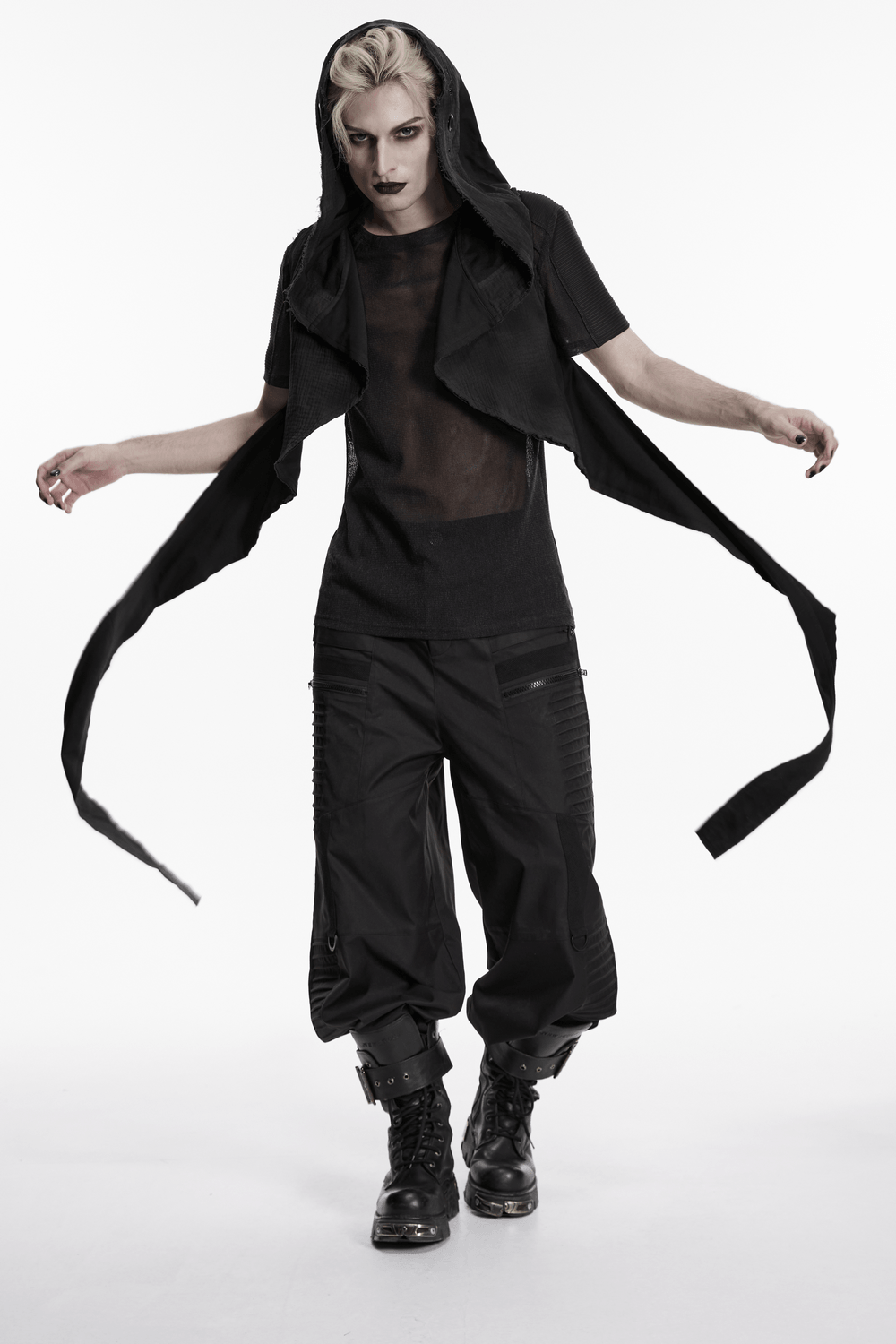 Model wearing Post-Apocalyptic Gothic Black Hooded Cape Vest with edgy styling and bold makeup against a white background.