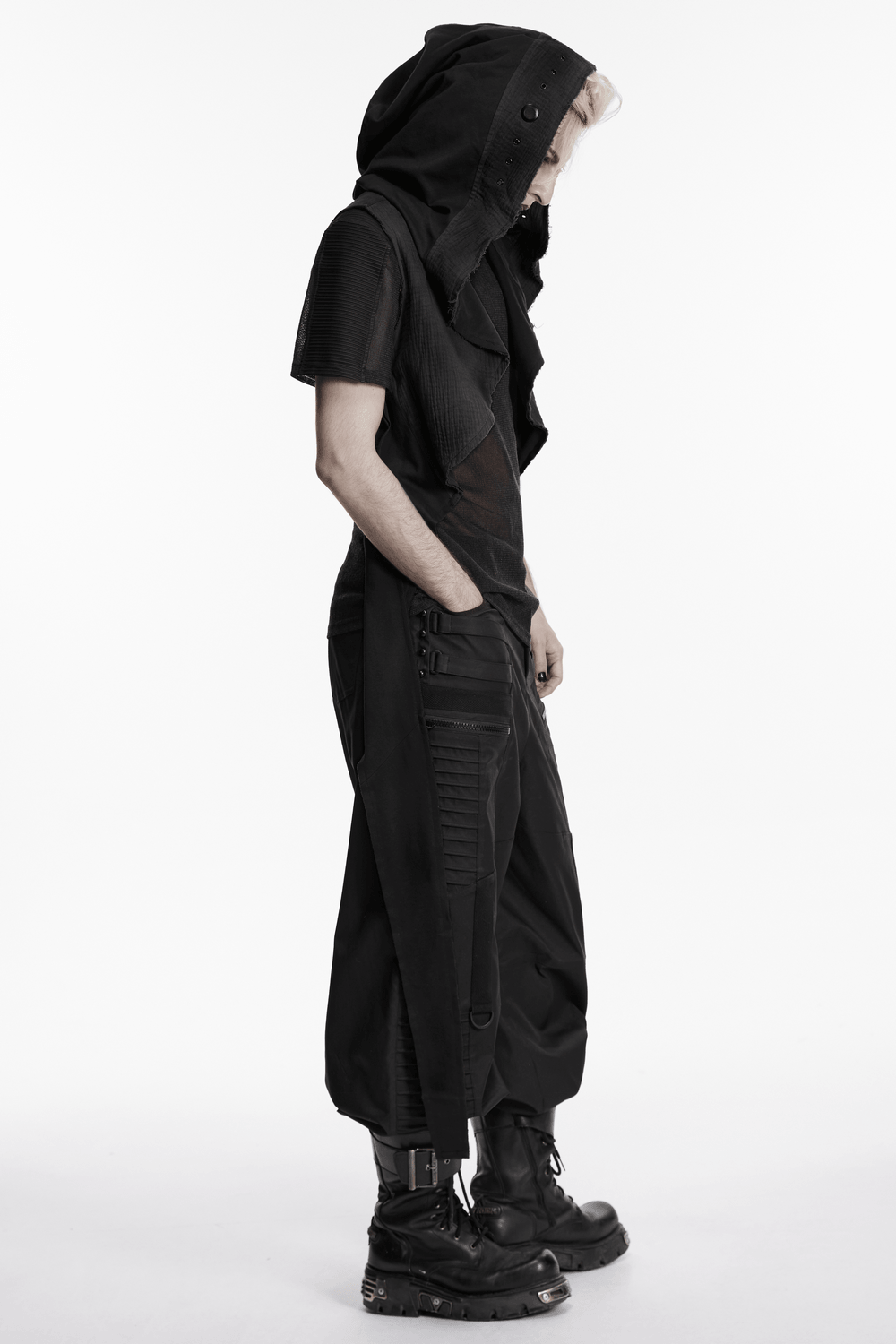 Post-Apocalyptic Gothic Black Hooded Cape Vest worn by a model, showcasing the unique design and edgy details.
