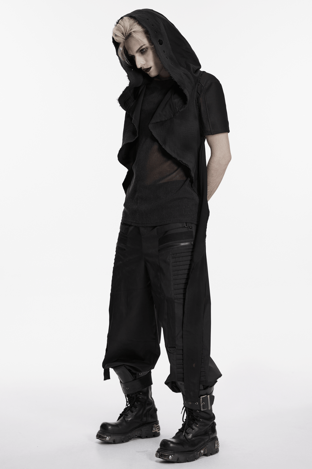 Post-Apocalyptic Gothic Black Hooded Cape Vest worn by a model showcasing a stark, edgy style.
