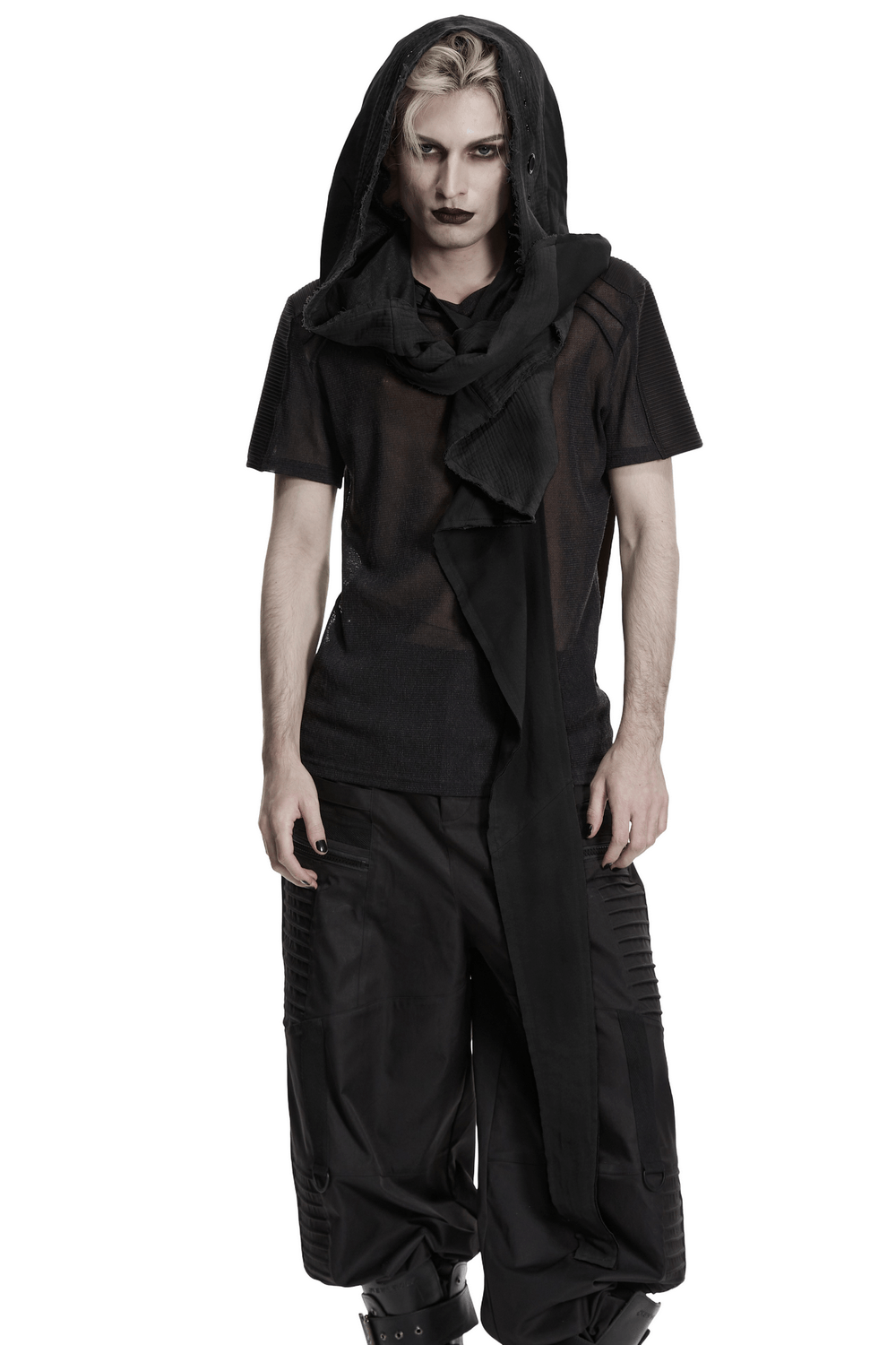 Post-Apocalyptic Gothic Black Hooded Cape Vest worn by model showcasing a dark, edgy aesthetic with draped design.