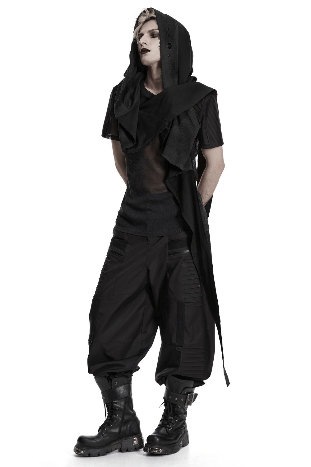 Post-Apocalyptic Gothic Black Hooded Cape Vest worn by a model, showcasing its edgy, dark design and draped silhouette.