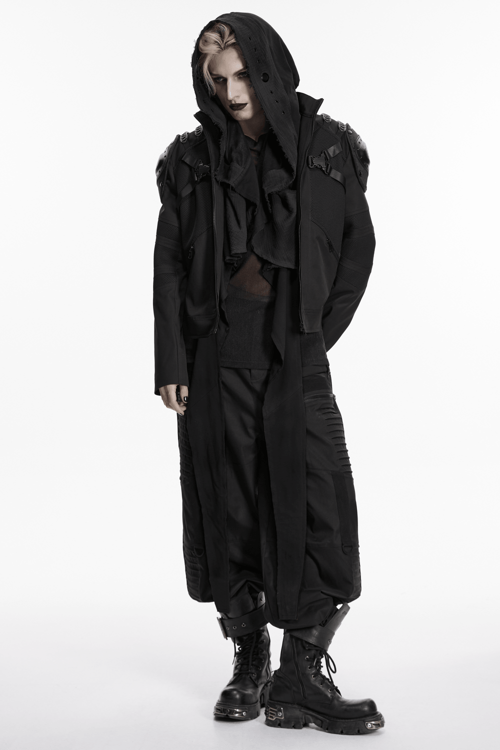 Post-Apocalyptic Gothic Black Hooded Cape Vest showcased on a model in a stark, monochrome setting.