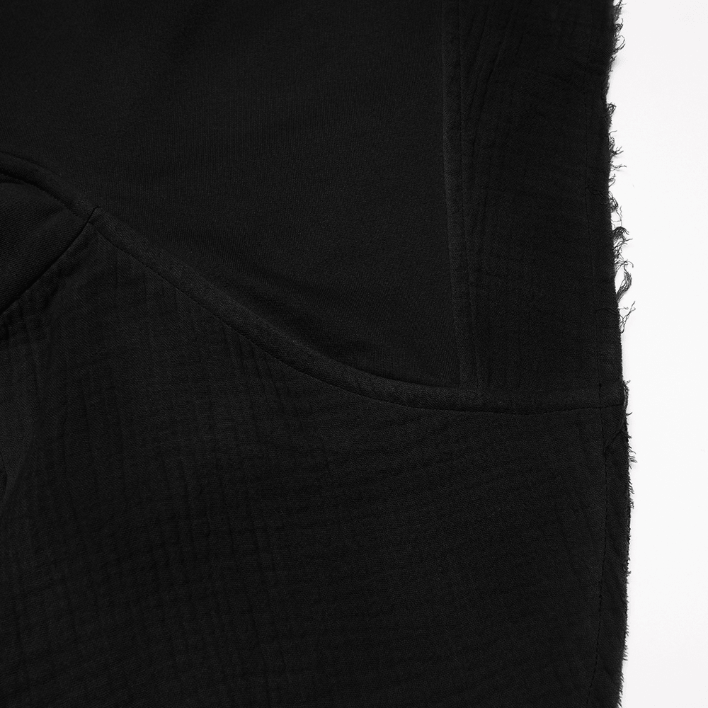 Close-up of the textured fabric and frayed edges from the Post-Apocalyptic Gothic Black Hooded Cape Vest.