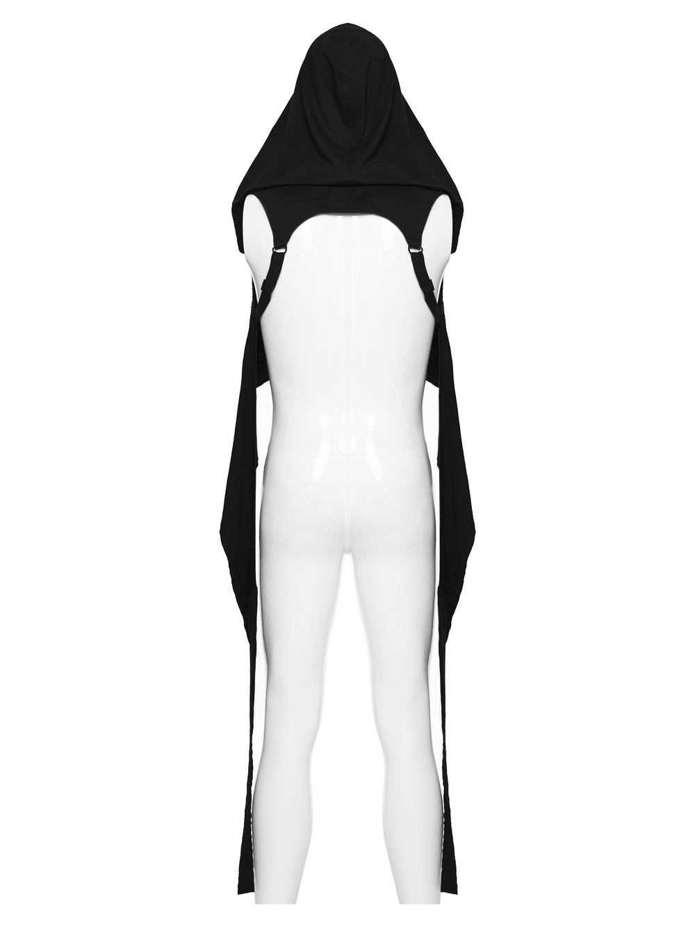 Post-Apocalyptic Gothic Black Hooded Cape Vest showcased from the back, highlighting the hood and draped design.