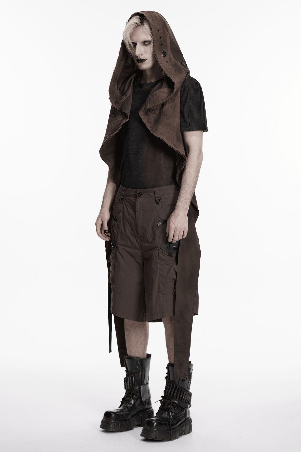 Post Apocalyptic Hooded Sleeveless Cape Vest For Men worn by model with fringe cape, brown tones and alternative style.