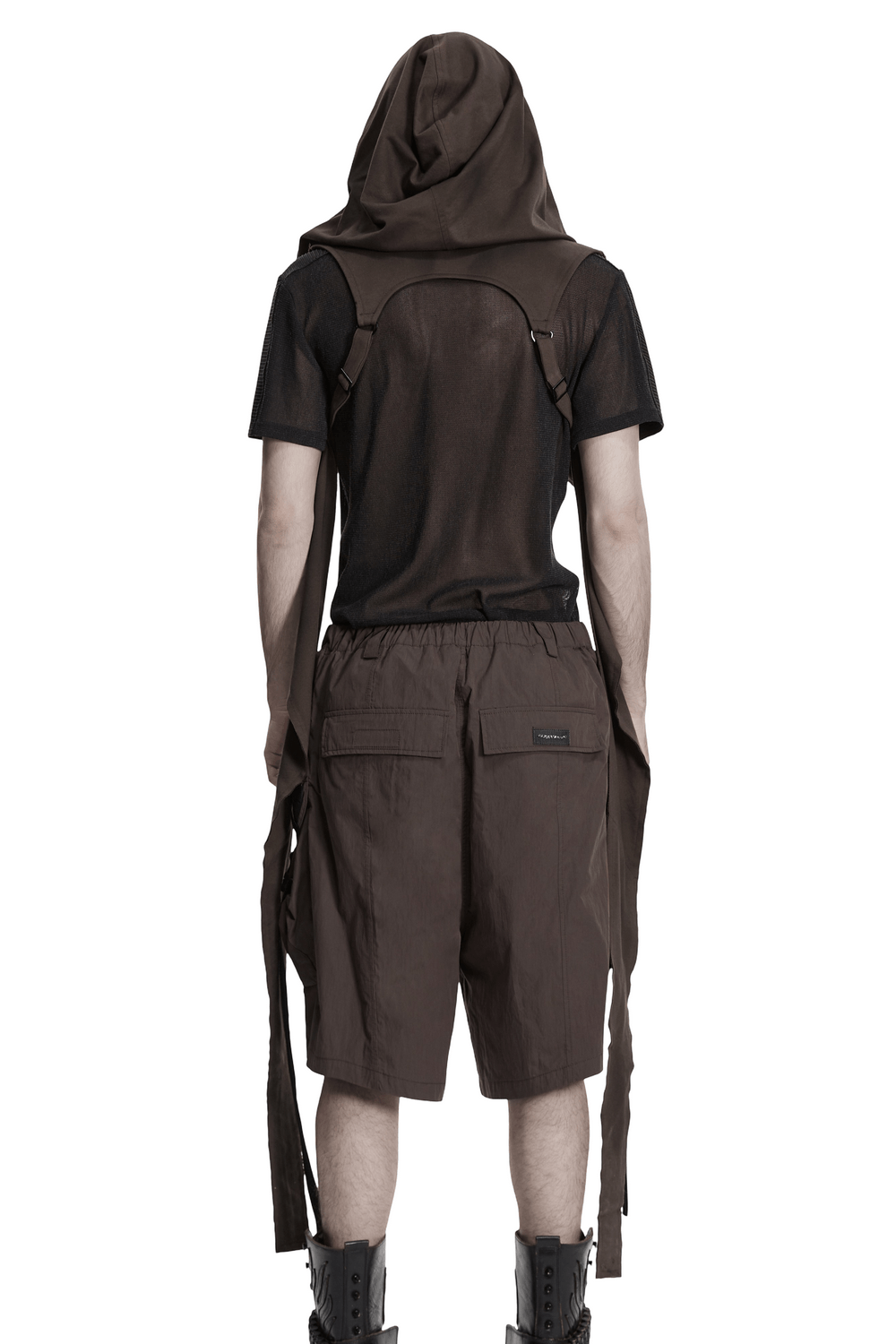 Post Apocalyptic Hooded Sleeveless Cape Vest For Men shown from the back with a stylish hood and fringe details.