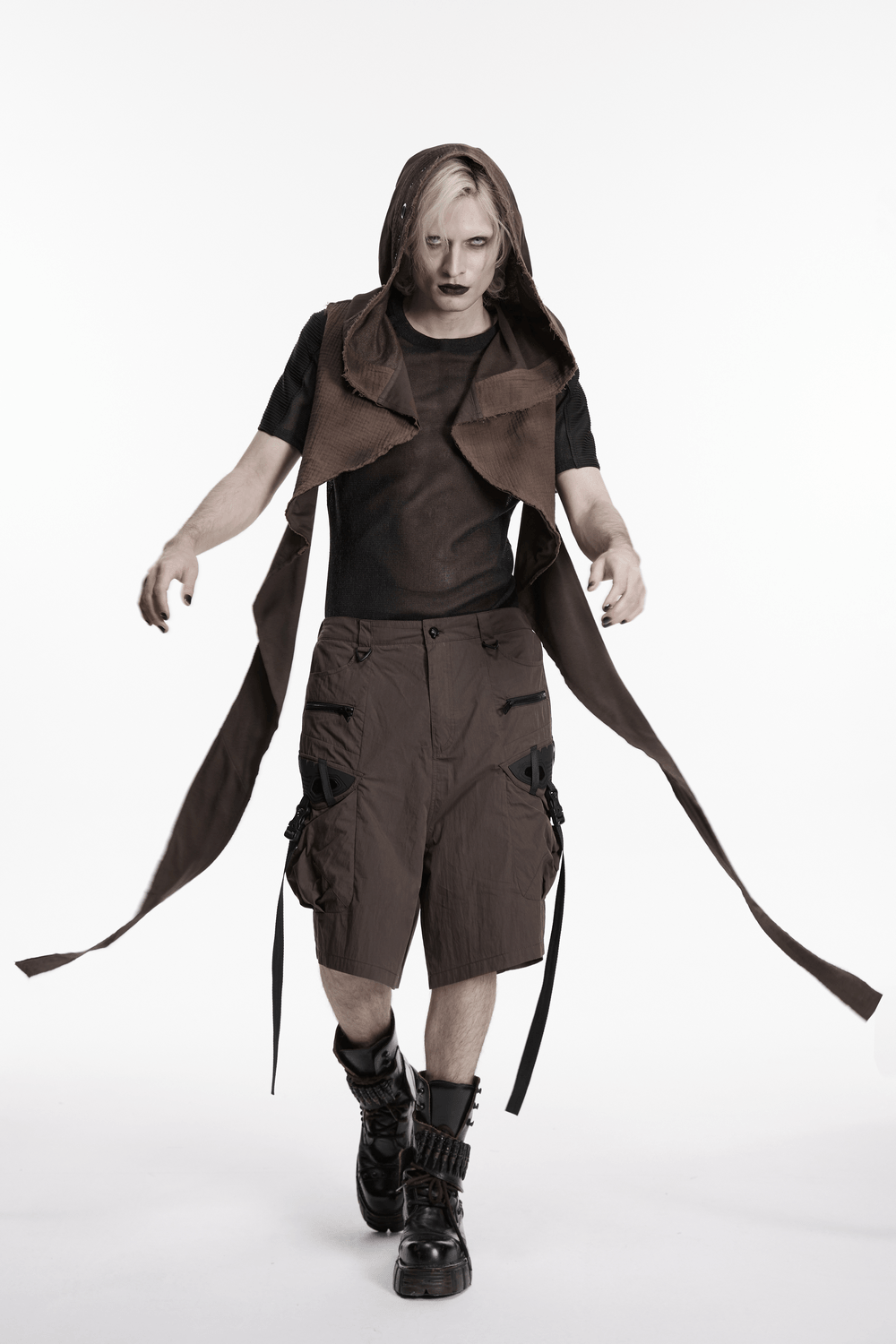 Post Apocalyptic Hooded Sleeveless Cape Vest For Men model showcasing the unique brown design and fringe cape details.