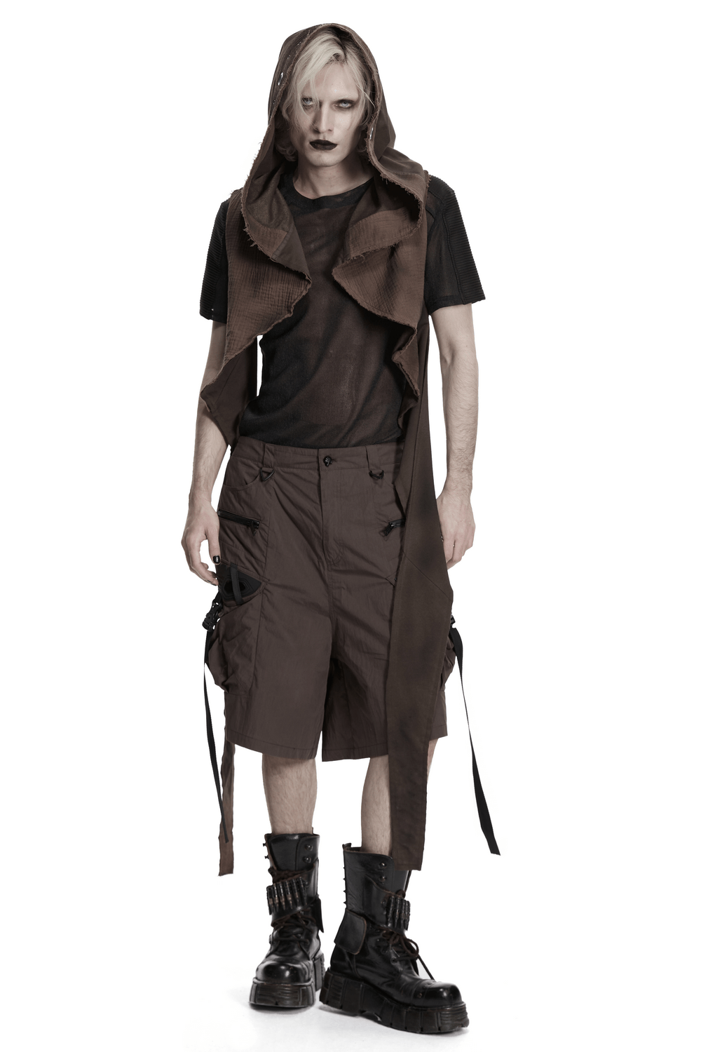 Post Apocalyptic Hooded Sleeveless Cape Vest For Men worn by model showcasing alternative fashion style.