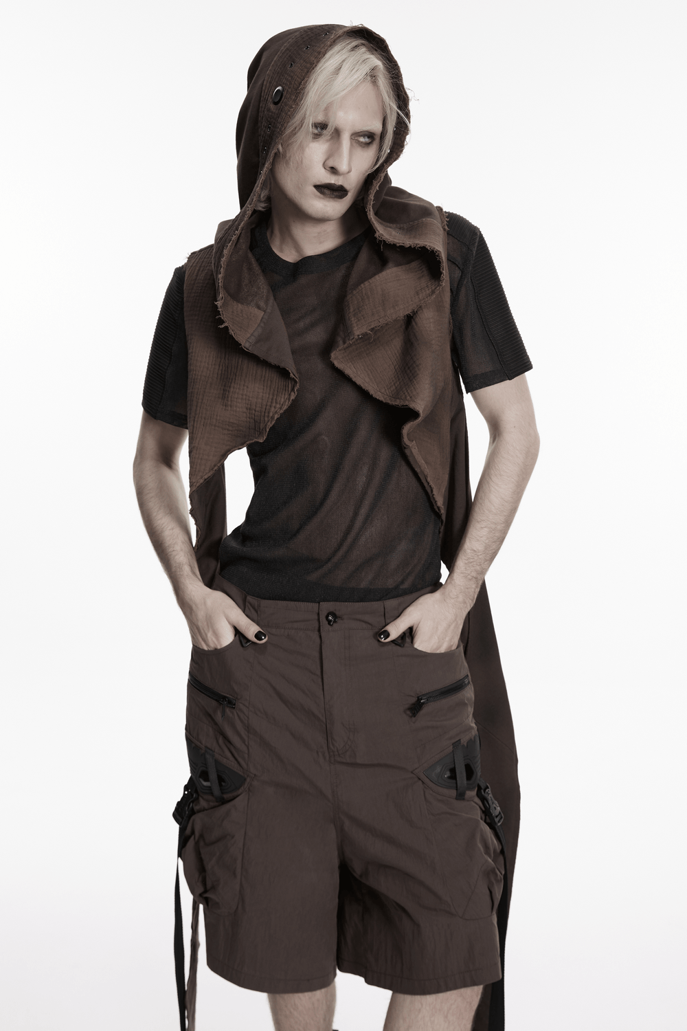 Post Apocalyptic Hooded Sleeveless Cape Vest For Men worn by model with edgy style, showcasing fringe and draped design.