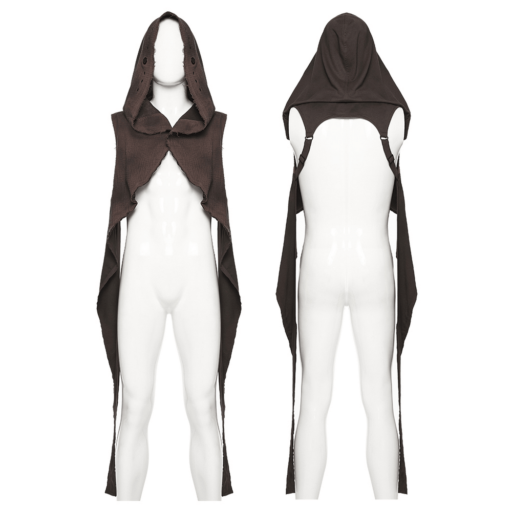 Post Apocalyptic Hooded Sleeveless Cape Vest For Men displayed on a mannequin showcasing its unique draped design.