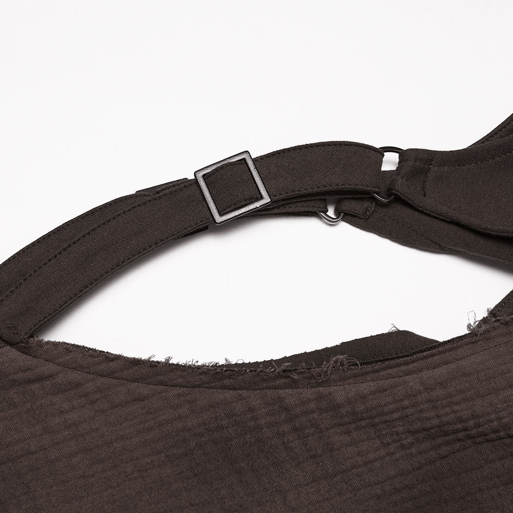 Post Apocalyptic Hooded Sleeveless Cape Vest For Men showing close-up of the strap and frayed edges.