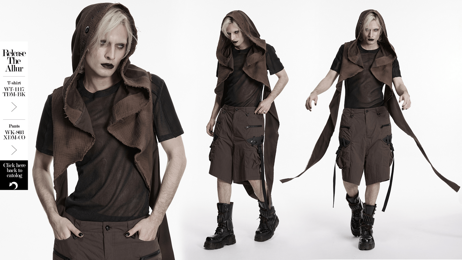Post Apocalyptic Hooded Sleeveless Cape Vest For Men modeled by a male model with edgy style and unique design.