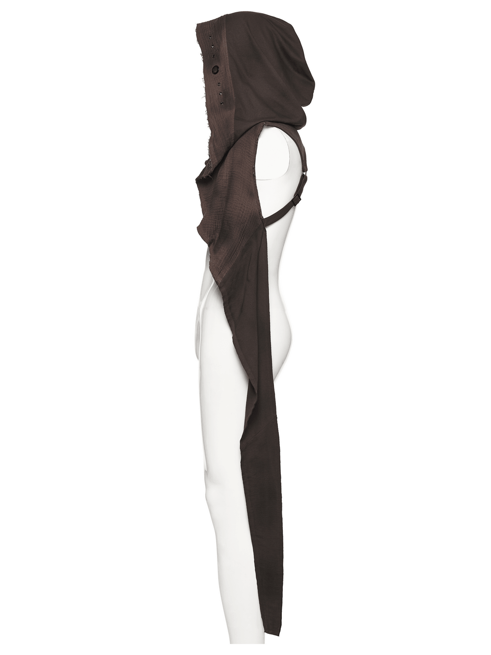 Post Apocalyptic Hooded Sleeveless Cape Vest For Men displayed from the side, featuring a brown hood and fringe design.