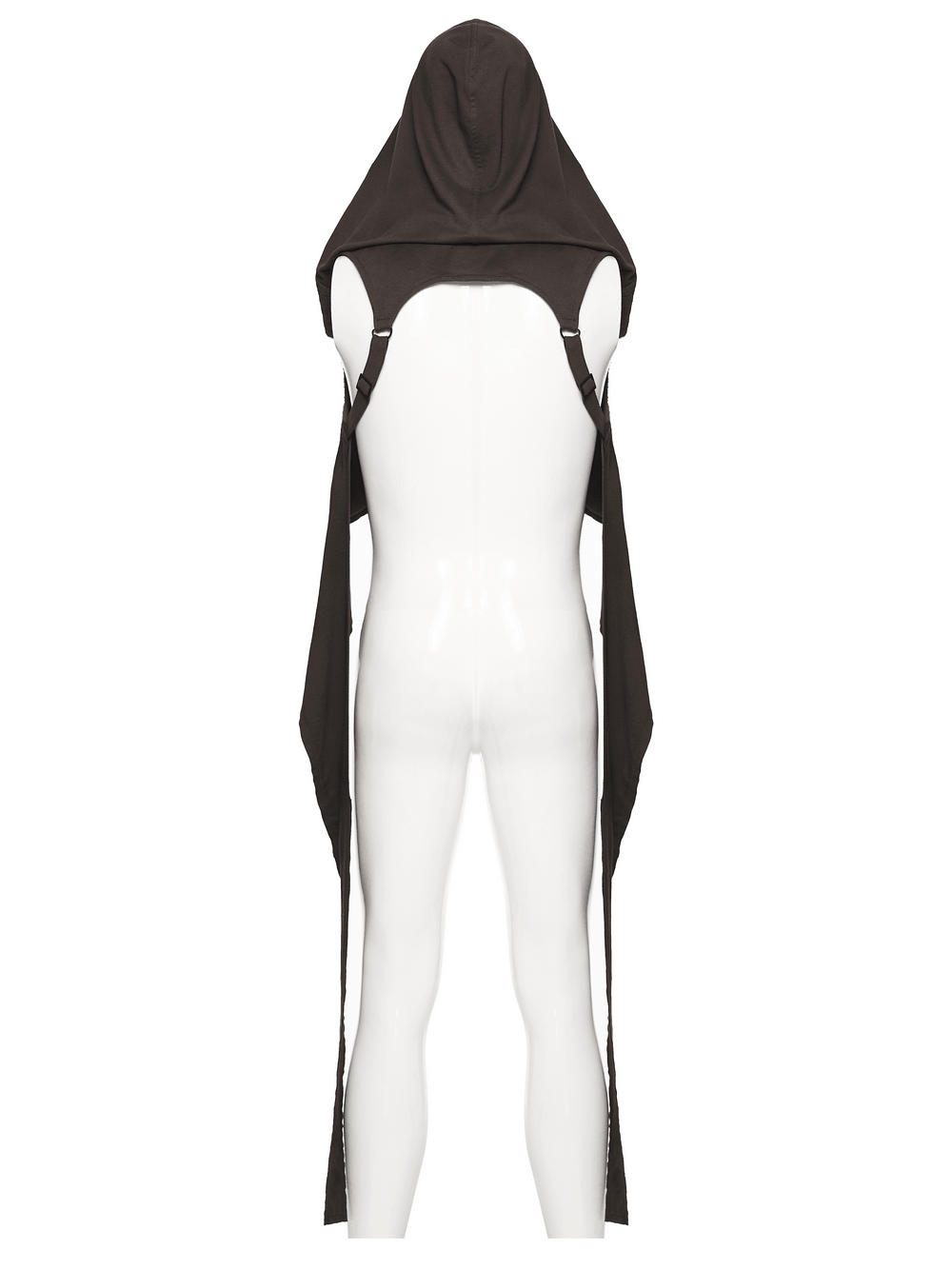 Post Apocalyptic Hooded Sleeveless Cape Vest For Men displayed from the back view, showcasing the fringe and draped panels.