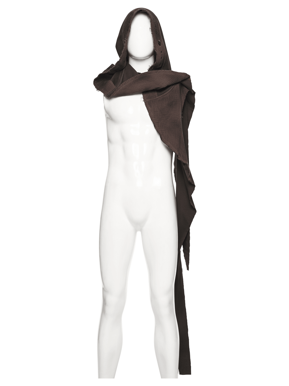 Post Apocalyptic Hooded Sleeveless Cape Vest For Men displayed on a mannequin with a fringed hood and draped panels.