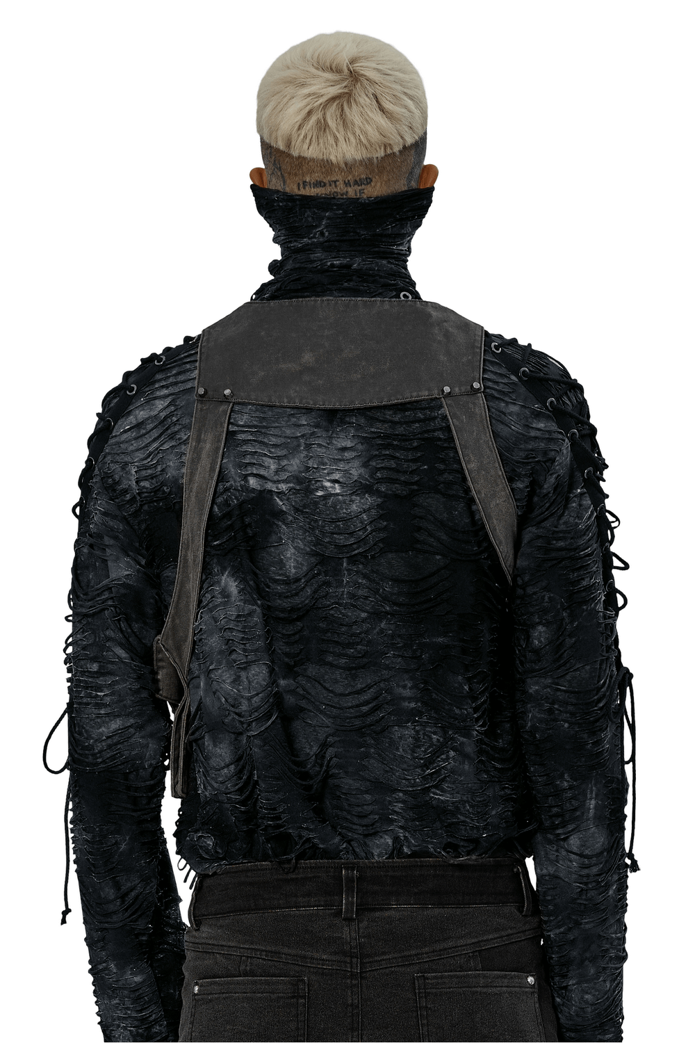 Back view of a person wearing a post-apocalyptic styled black jacket with textured details and a unique collar.