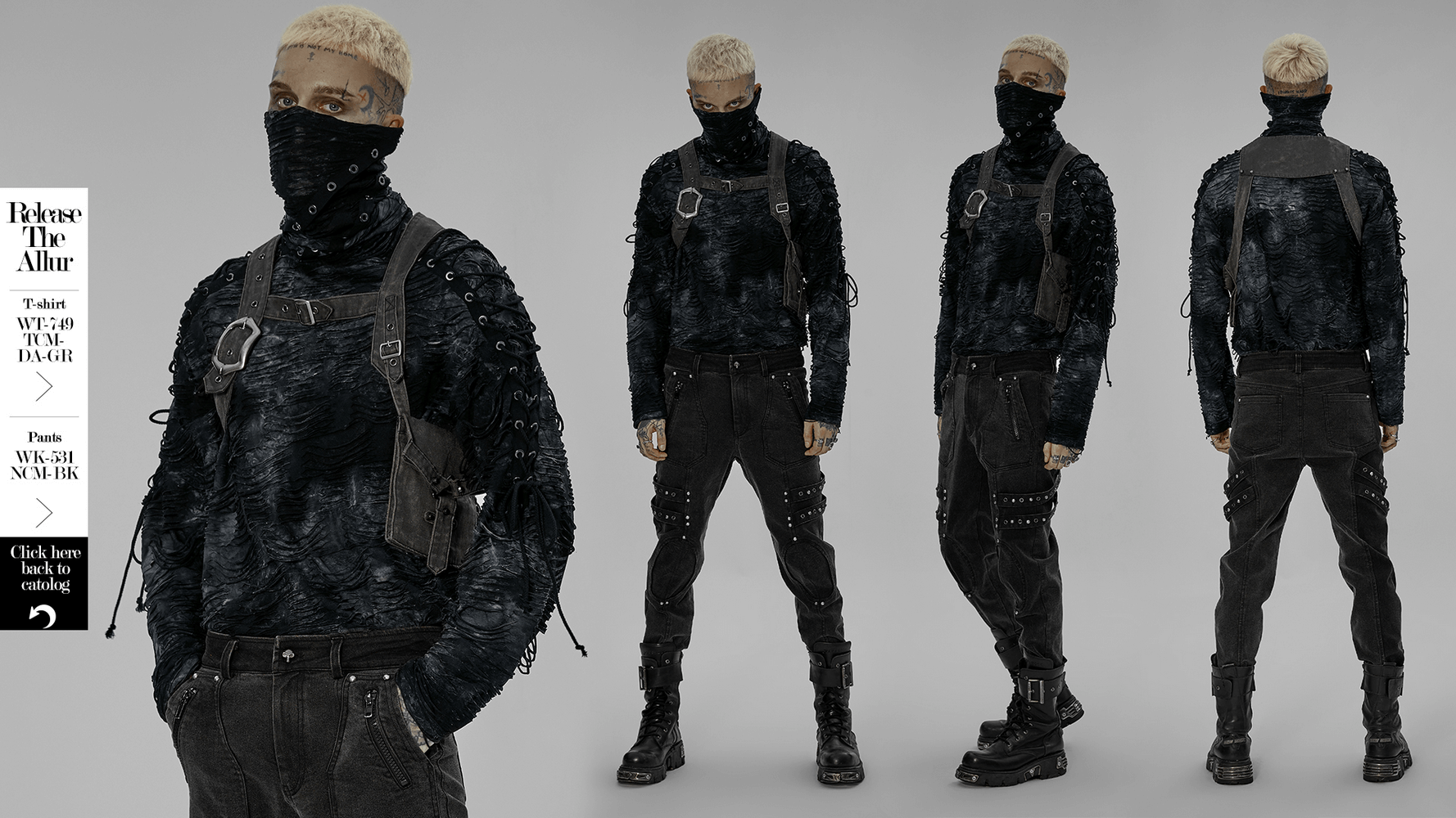 Post-apocalyptic fashion model showcasing a stylish outfit with a black top, harness, and dark pants for a punk aesthetic.