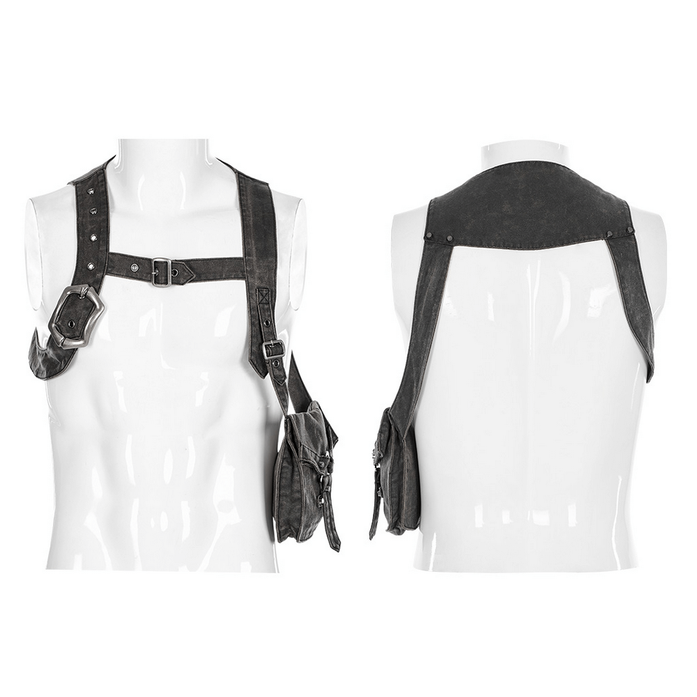 Post-apocalyptic leather crossbody bag with adjustable buckle and side storage for essentials.