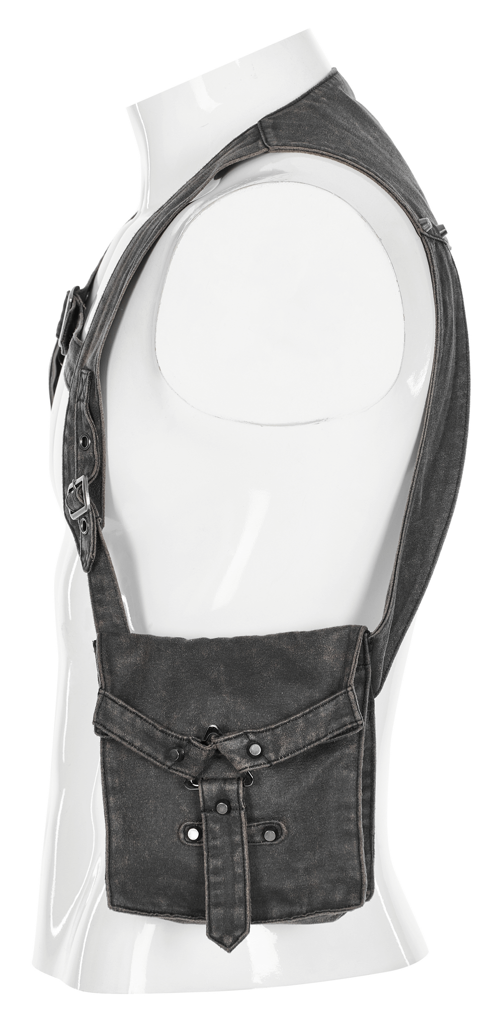 Side view of a post-apocalyptic leather crossbody bag featuring an adjustable buckle and rugged design.
