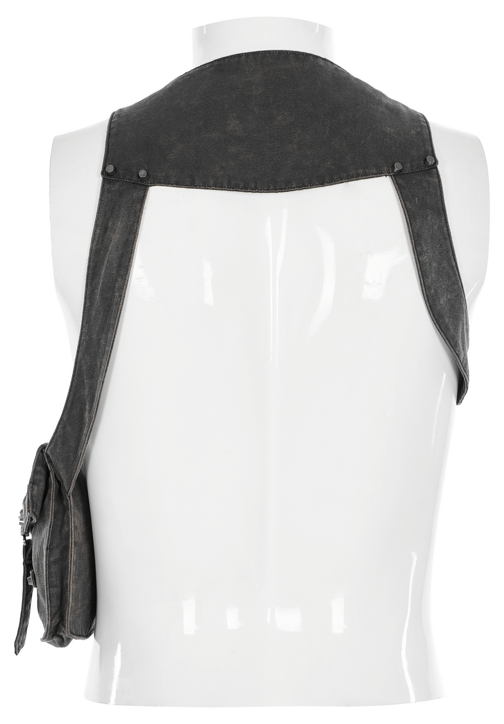 Back view of post-apocalyptic leather crossbody bag showcasing adjustable buckle and washed faux leather fabric.