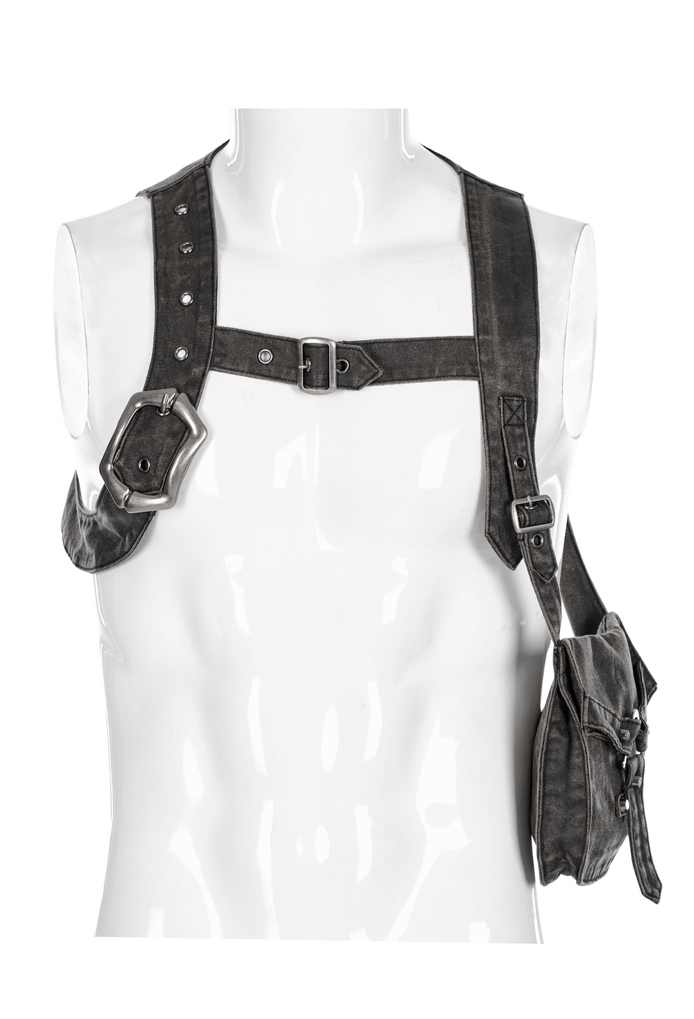 Post-apocalyptic leather crossbody bag with adjustable buckle and side pocket for punk style outfits.
