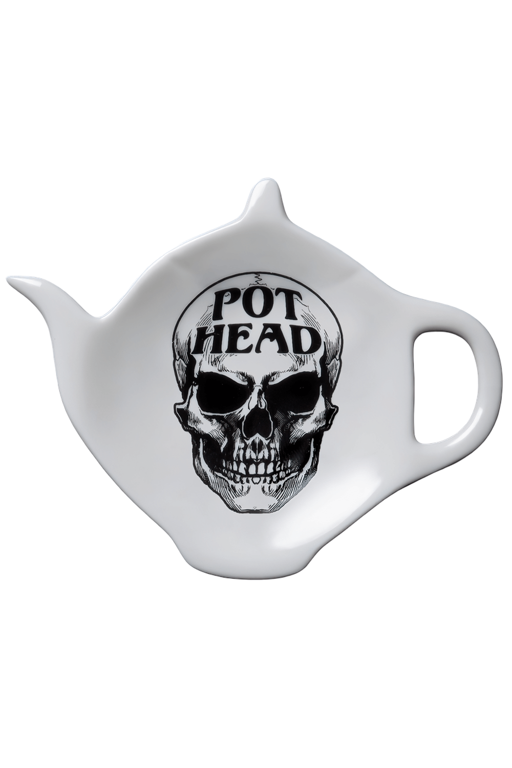Gothic skull teapot-shaped spoon rest reading 'Pot Head', perfect for alternative kitchens and tea lovers.