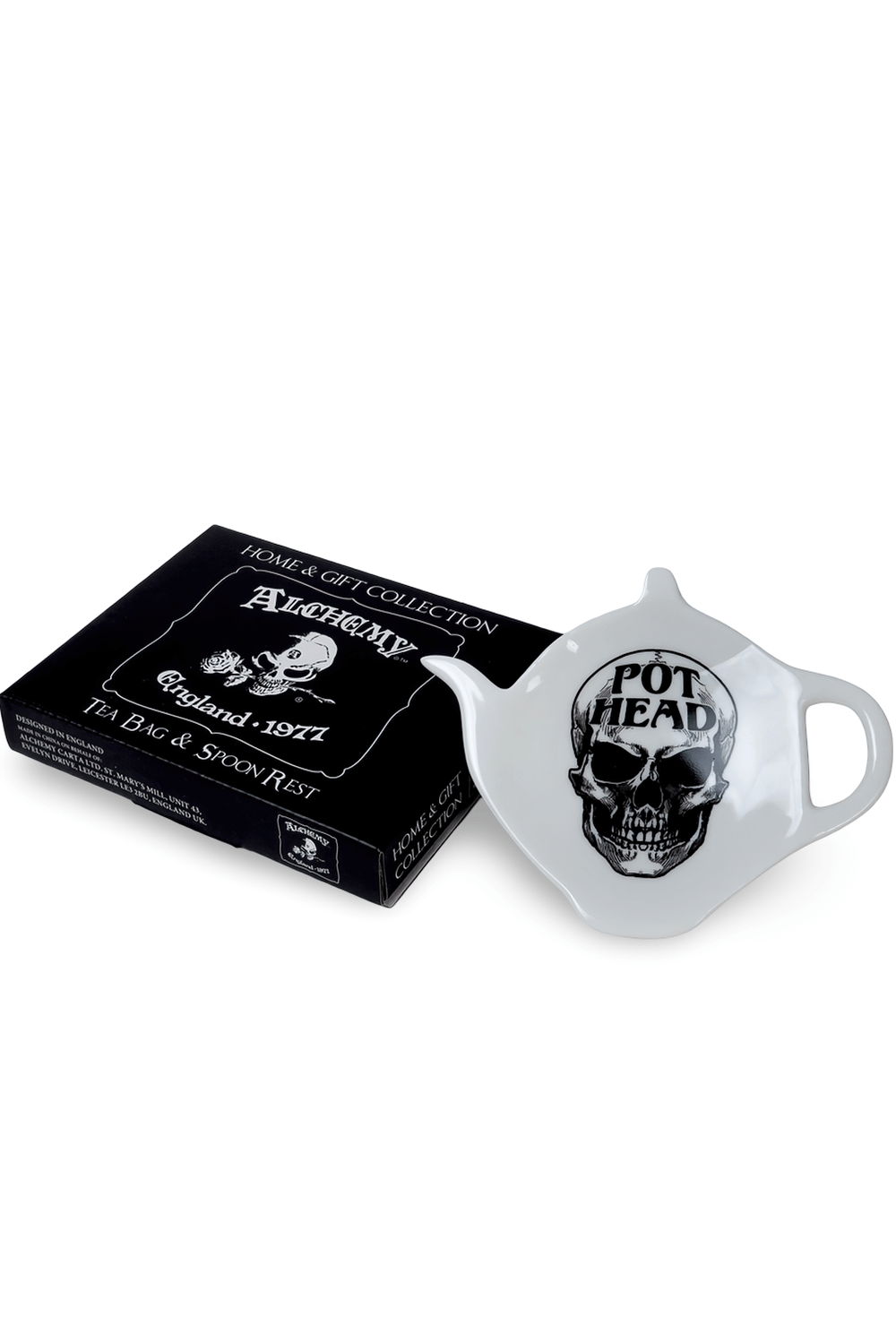 Gothic Pot Head Skull Teapot Spoon Rest by Alchemy England on black packaging, perfect for alternative kitchens.