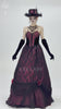 Gothic black lace evening gown with wine red corset, floral details, and dramatic flowing skirt.