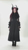Gothic Lace Bell-Sleeve Black Dress with Corset Back showcased on model with dramatic makeup and accessories.