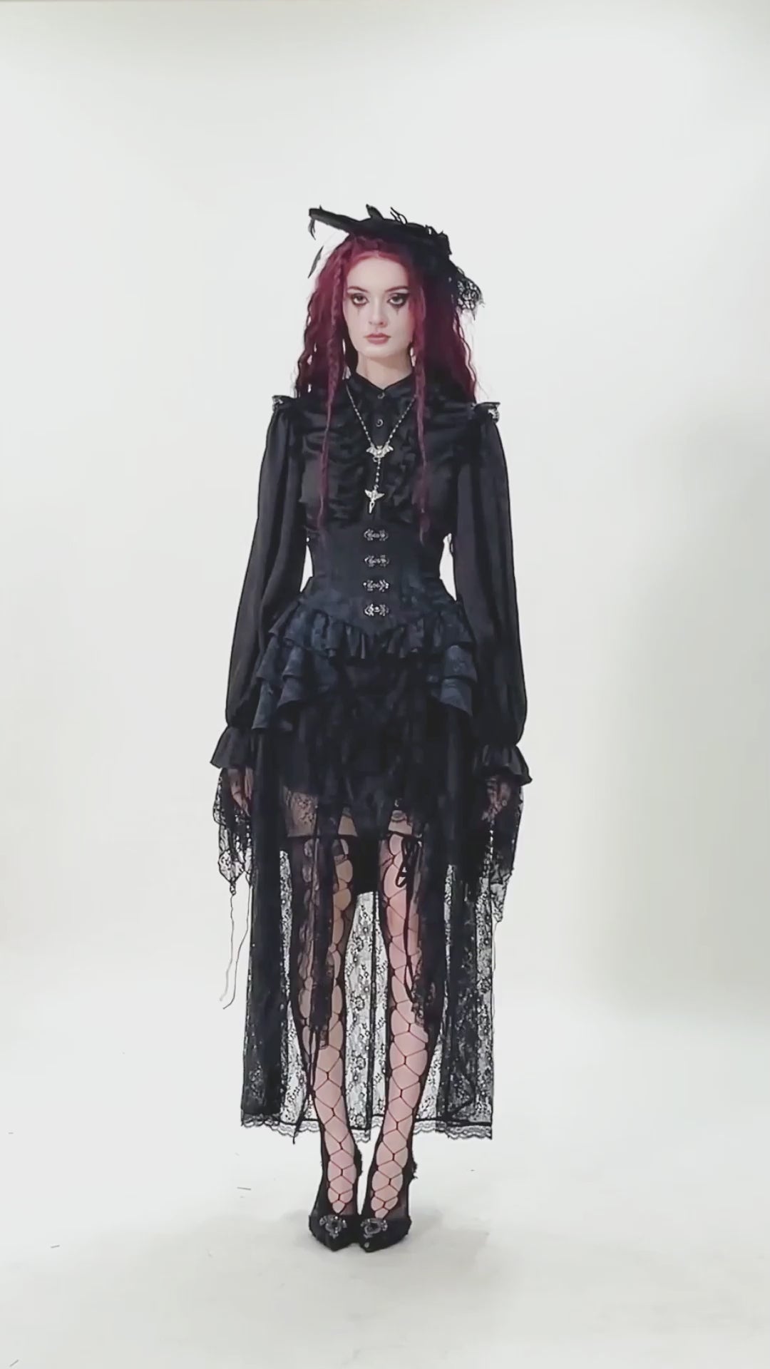 Victorian Lace Ruffle Corset Skirt with Button Closure worn by a model, showcasing elegant Gothic style.