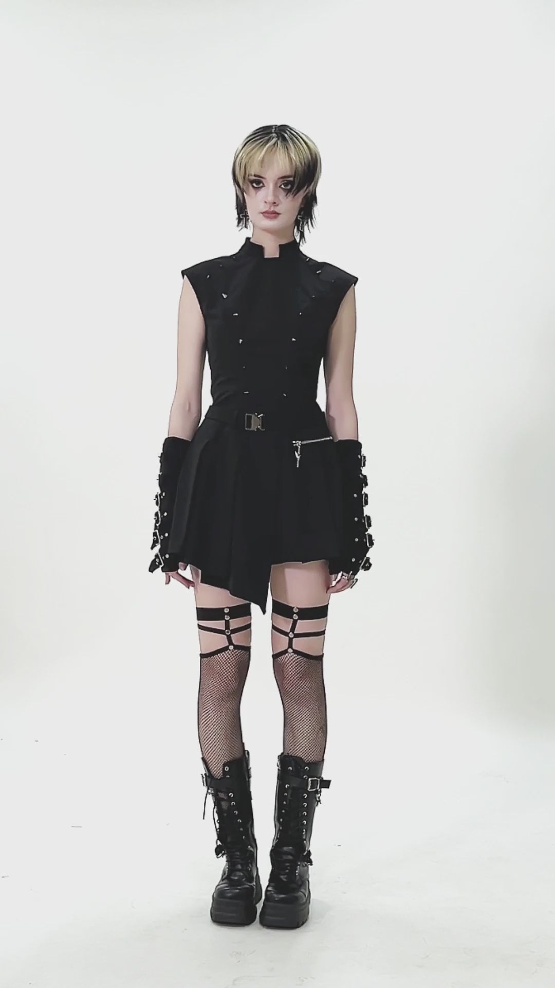 Asymmetric Gothic Studded Dress with Belt and Zipper worn by model showcasing punk style and edgy fashion.