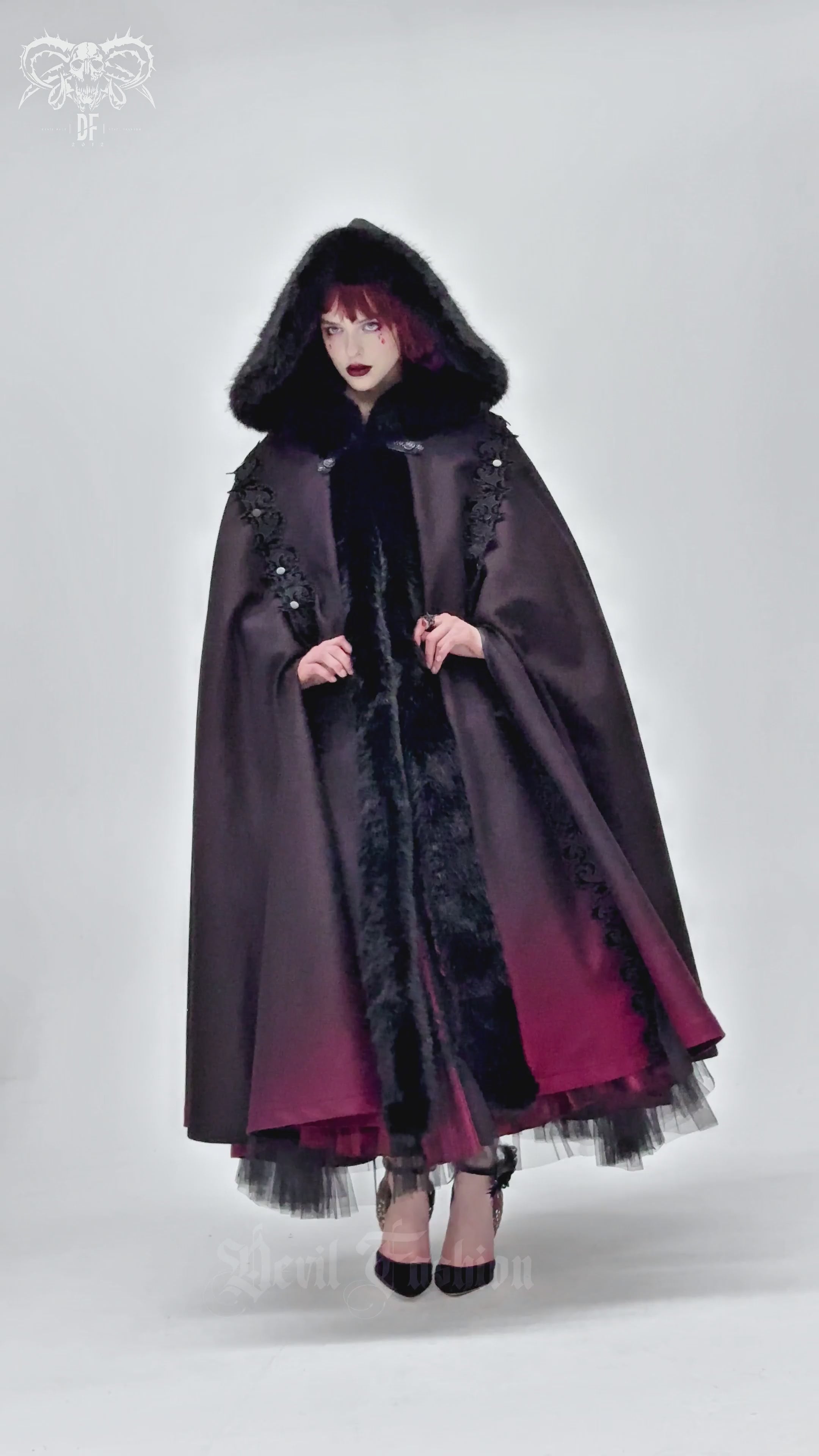 Gothic hooded cloak with fur trim and ombre red hem, perfect for dark fantasy and cosplay.