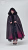 Gothic hooded cloak with fur trim and ombre red hem, perfect for dark fantasy and cosplay.