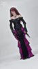 Gothic velvet maxi skirt with purple ruffles and chains, featuring lace detail for a dramatic Victorian look.