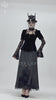 Victorian-inspired gothic outfit featuring black velvet top and lace bell sleeves, paired with a dramatic skirt and hat.