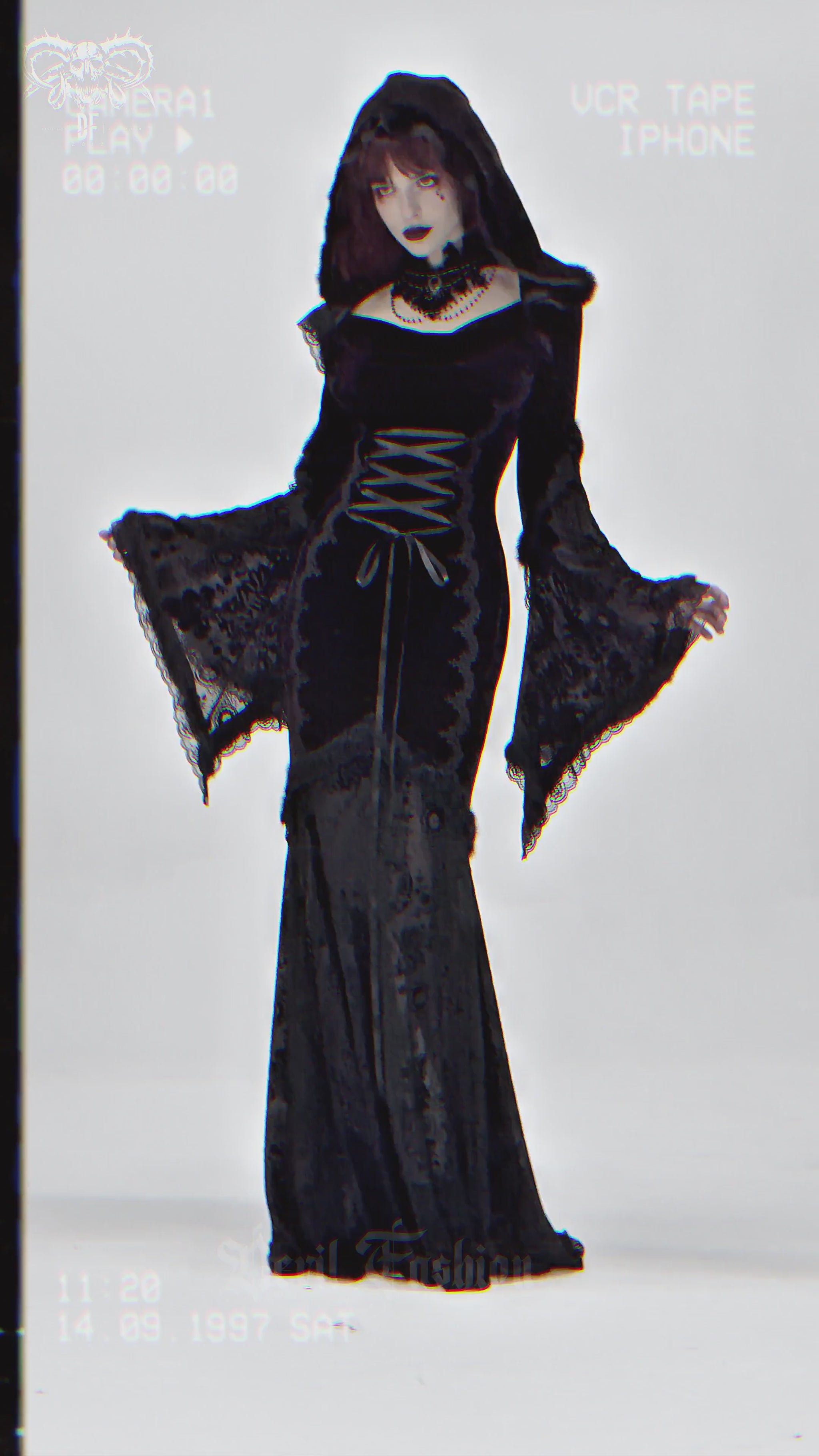 Chic hooded maxi dress with lace sleeves and corset waist, perfect for gothic fashion and cosplay.