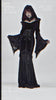 Chic hooded maxi dress with lace sleeves and corset waist, perfect for gothic fashion and cosplay.