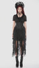 Sheer Gothic Blouse with Ruffled Hem and Lace Detailing worn under a dramatic gothic dress with lace elements.