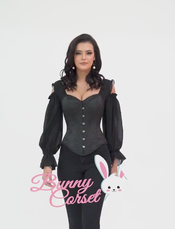 Elegant cold shoulder brocade corset top with sheer sleeves, perfect for gothic-inspired fashion.