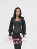 Elegant cold shoulder brocade corset top with sheer sleeves, perfect for gothic-inspired fashion.