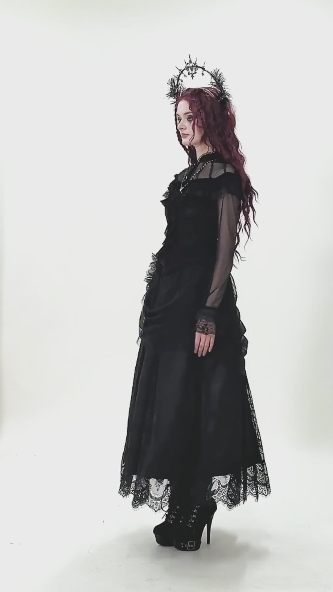 Lace Maxi Skirt with Sheer Mesh Layers and Floral Trim worn by model in gothic outfit and crown.