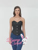 Black overbust corset on model, showcasing dramatic silhouette and vintage-inspired waist trainer design.