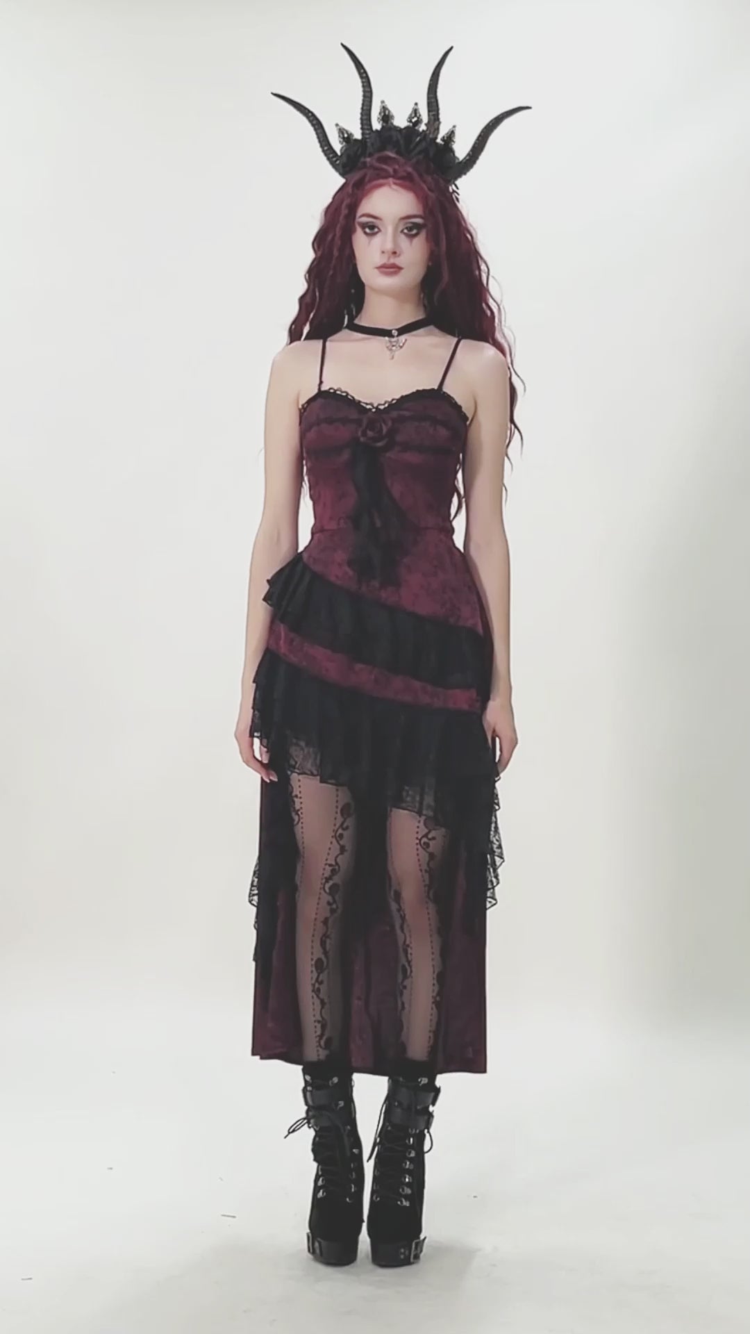 Wine Red Gothic Asymmetric Layered Dress with Rose Detail worn by a model with horns and dark hair.