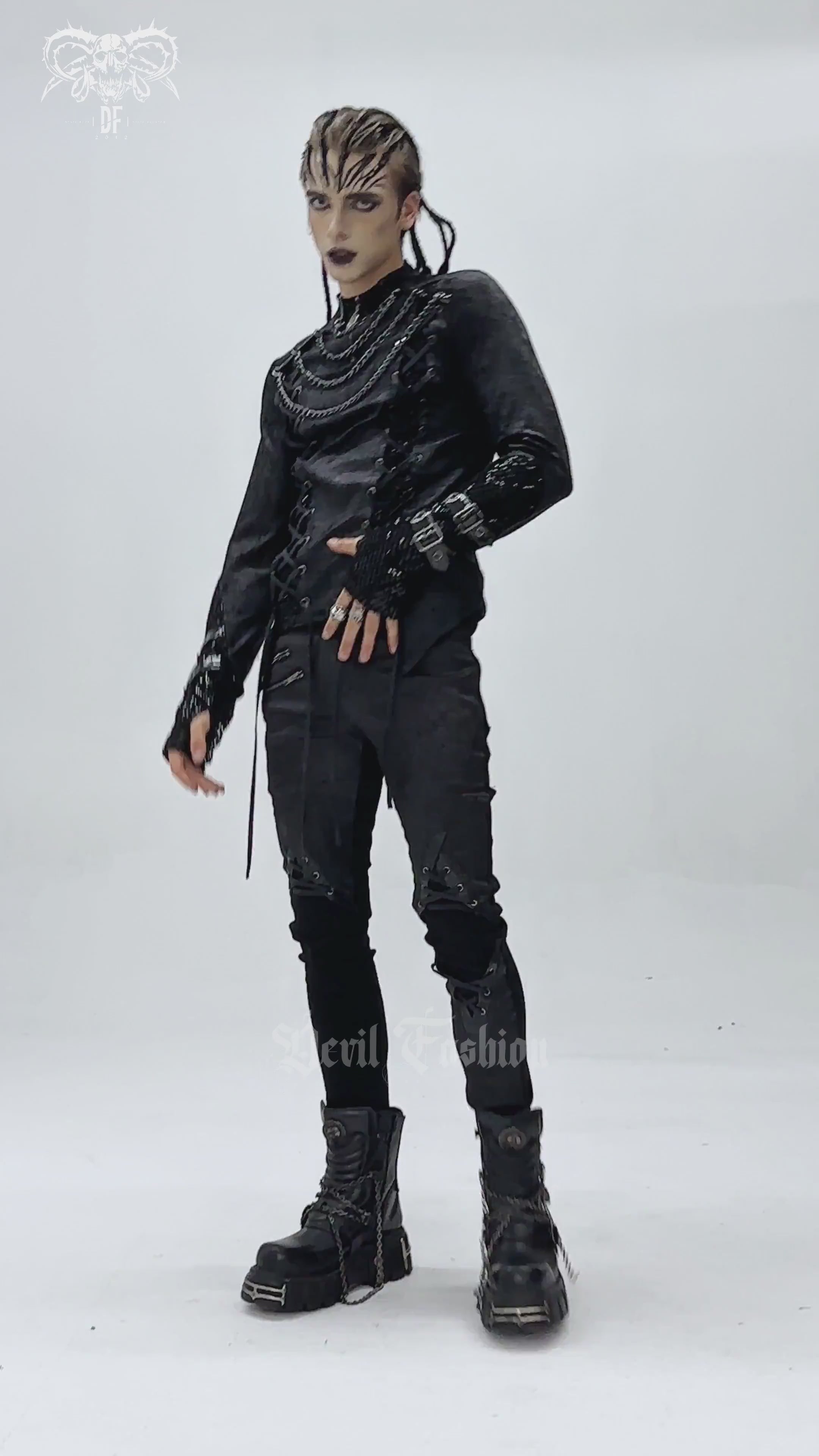 Gothic Lace-Up Top with Chains and Pentagram Pendant worn by a model showcasing dark alternative fashion style.