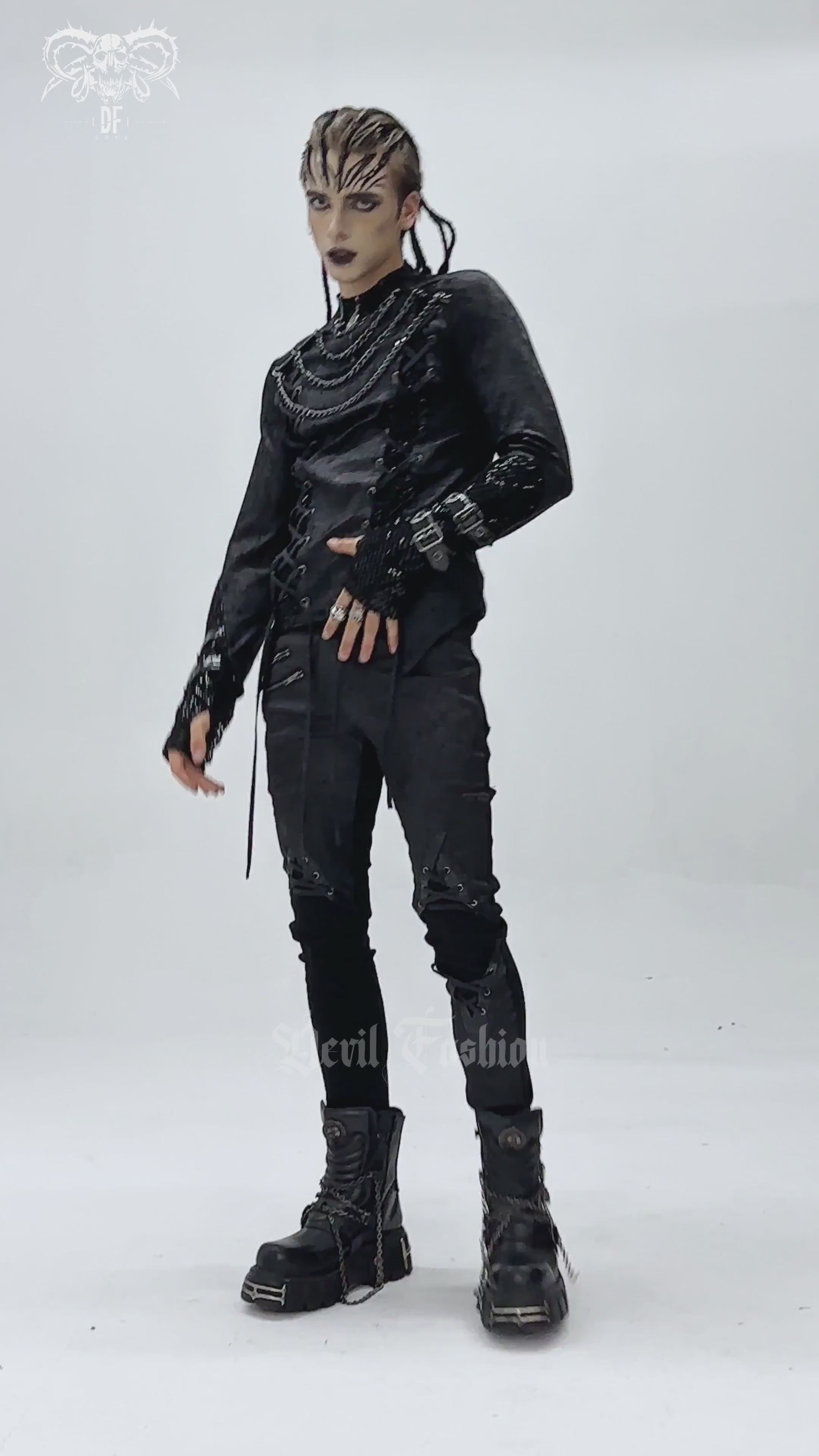 Gothic Lace-Up Top with Chains and Pentagram Pendant worn by a model showcasing dark alternative fashion style.