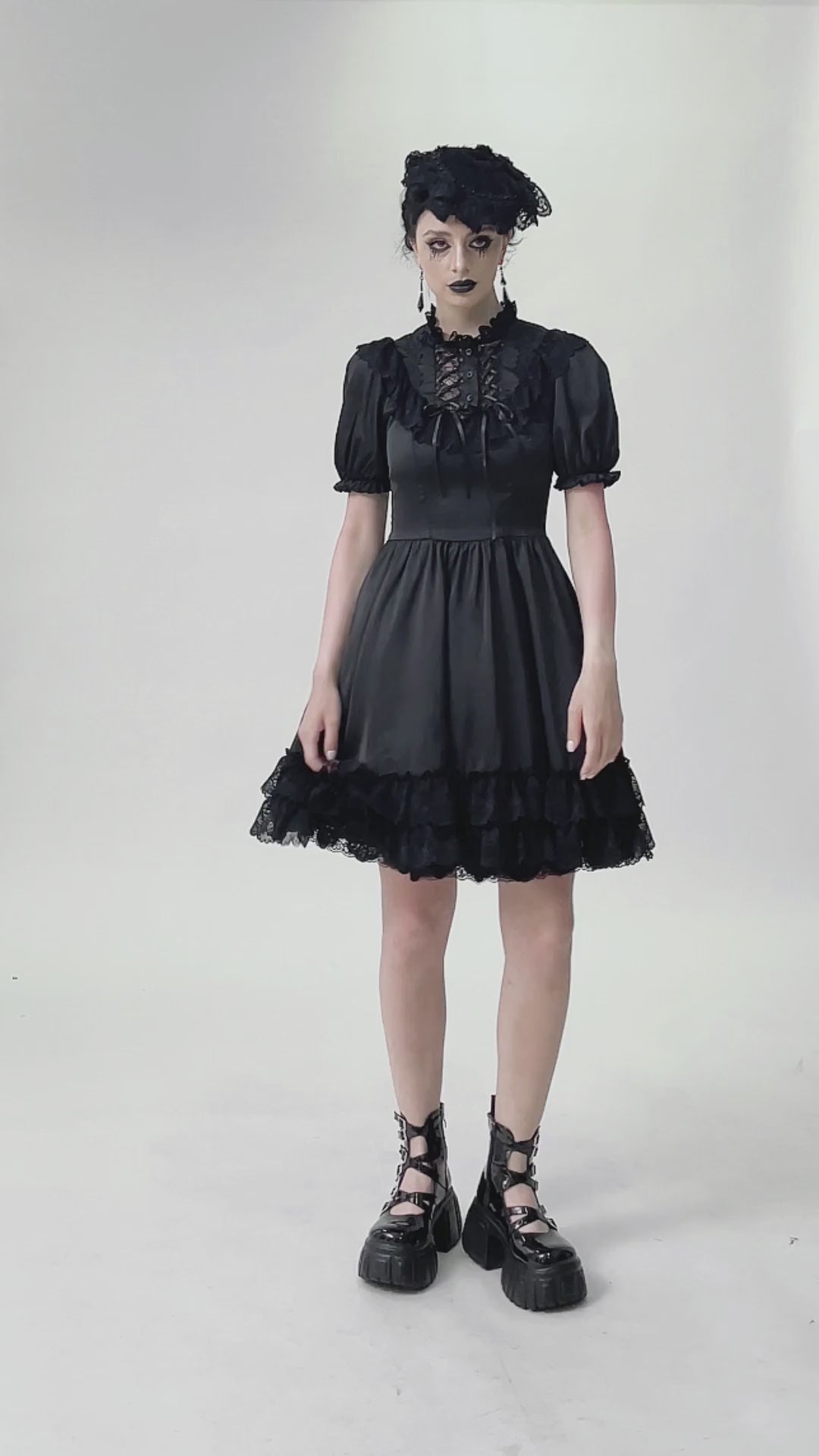 Gothic satin lace dress with ruffled sleeves and lace trim, perfect for Victorian-inspired elegant styles.